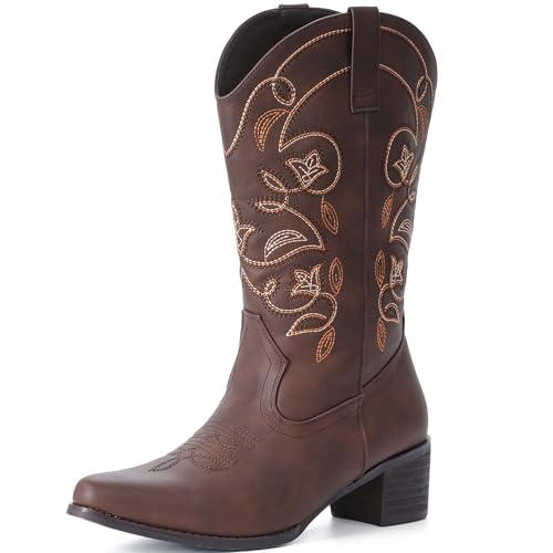 IXU Cowboy Boots For Women Wide Calf Pointy Toe Cowgirl Boots Mid Calf Western Boots