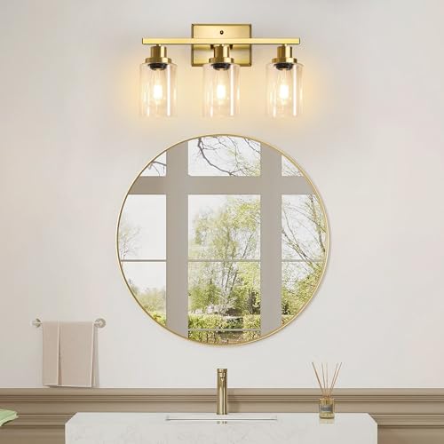 Image of Ascher Bathroom Vanity Light Fixtures, 3 Light Wall Sconces Lighting with Clear Glass Shade, Gold Wall Lights for Mirror, Kitchen, Living Room, Gallery, E26 Base (Bulbs Not Included)