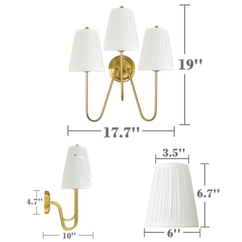 Image of Electro bp; Elegant Triple Sconce Polished Gold Curved Metal Arm with Warm White Pleated Fabric Lamp Shades Brocade Cover Wall Light Fixture,E12,3 Sockets,120W,Hardwired;