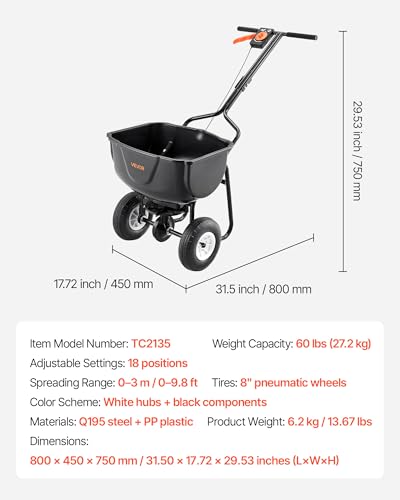 Image of VEVOR Walk Behind Spreader, 60LBS Capacity, Push Spreader with 0-9.8 ft Spreading Width, 8 in All Terrain Pneumatic Tires, Garden & Lawn Broadcast Spreaders, for Seed, Fertilizer