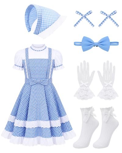 Vivrerizo Blue White Plaid Costume for Halloween Outifit Party Cosplay M | 7 Pcs Blue White Plaid Dress, Bow Hair Tie, Bow Tie, Plaid Headscarf, White Gloves and Socks for Kids Dress Up - image 2