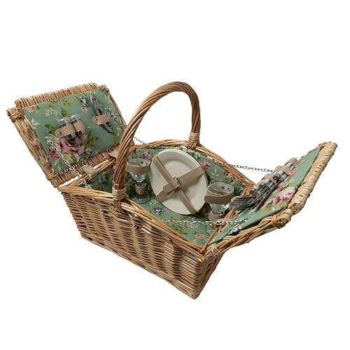 Arthur Cameron Deluxe Wicker 2 Person Picnic Basket Hamper Set with Lid and Handle - English Rose Design