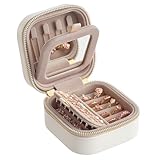 SONGMICS HOME ANAH Collection - Travel Jewellery Box, Small Jewellery Case Organiser with Mirror, 10.5 x 10.5 x 6 cm, PU Surface with Stitching, Portable, Zippers, Gift Idea, Cloud White JBC179W01