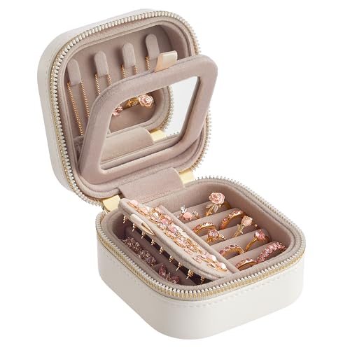 SONGMICS HOME ANAH Kollektion - Schmuckkästchen Reise Schmuckbox klein Schmuckaufbewahrung mit Spiegel 10 5 x 10 5 x 6 cm PU mit Nähten Reißverschluss Geschenkidee wolkenweiß JBC179W01