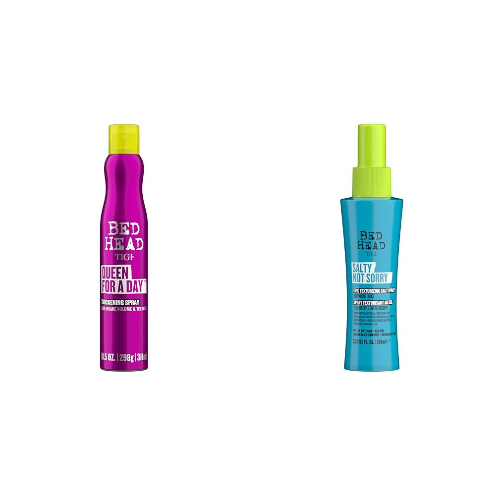 TIGI Bed Head Queen For A Day Thickening Spray for Fine Hair 10.5 oz & Bed Head Salty Not Sorry texturizing Salt Spray for Natural Undone Hairstyles 3.38 fl oz