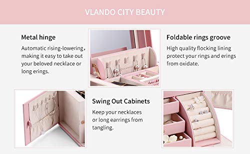 Vlando Women Jewelry Box Organizer - Large Leather Jewelry Storage Box With Locked, Mirrored, 3 Drawer For Watch Necklace Ring Earring Storage, Gift For Girl Women And Mom - Pink #TOP3