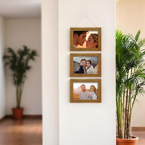 Image of Art Street Sythentic Wood Wall Mount Rectangular Photo Frame (5 x 7 inch, Gold), Set of 3