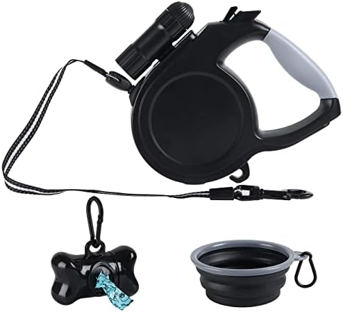 8M Retractable Dog Lead, Extending Leash with LED Flashlight, One Button Brake & Lock, Reflective Nylon Tape, Non-Slip Handle, Poop Bags, Portable Dog Food Bowl, for Small to Large Dogs up to 50kg