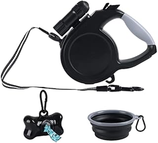 8M Retractable Dog Lead, Extending Leash with LED Flashlight, One Button Brake & Lock, Reflective Nylon Tape, Non-Slip Handle, Poop Bags, Portable Dog Food Bowl, for Small to Large Dogs up to 50kg