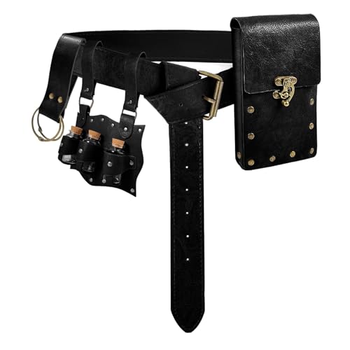 Alchemist Belt Pouch Potion Bottle Waist Bag Steampunk Phone Holder Medieval Leather Belt for Renaissance Cosplay Costume Accessories Christmas Gifts (3Bottles-Black)
