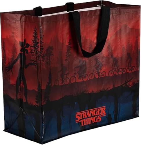 Konix Stranger Things Bolso cabas 40 x 45 x 20 cm - Material reciclado - Diseño Upside Down - Negro, rojo y azul