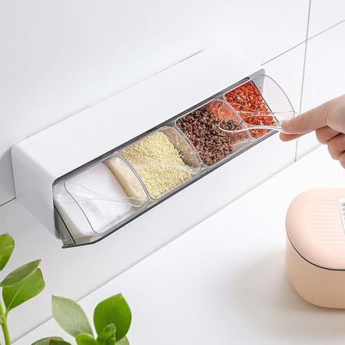 Image of Wall Mounted Spice Storage Box With Spoon For Kitchen, Multipurpose Self Adhesive Seasoning Masala Spice Rack Shelf With Cover,plastic spice rack masala organiser
