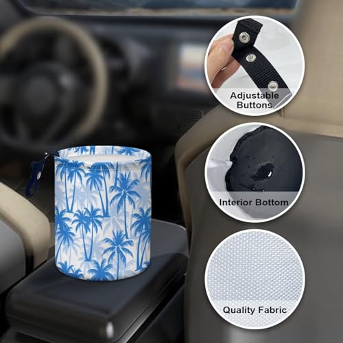 Image of Blue Palm Tree Car Trash Can Foldable Hanging Portable Dustbin Bin for Back Seat, Front Console, Floor, or Hanging Headrest Waste Basket