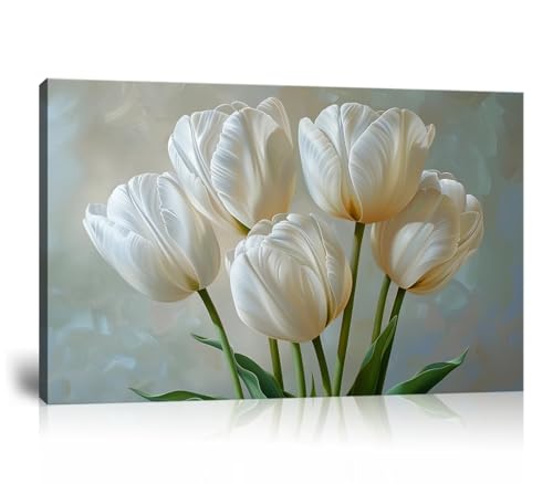Flowers Wall Art White Tulips Bathroom Decor Modern Spring Floral Paintings Canvas Prints Artwork for Living Room Bedroom Home Decoration Framed