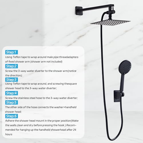 Hamckay Shower Head 8'' High Pressure Rainfall, Handheld Shower Combo with 11'' Extension Arm, 5 Spray, Anti-leak Luxury Premium Quality, Rainfall Shower Head with Handheld Spray Combo, Matte Black by Hamckay - Used condition - Image 6