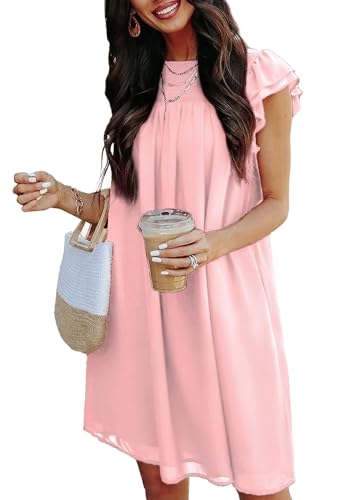 Image of KIRUNDO Wedding Guest Shift Dresses for Women Short Spring Summer Ruffle Cap Sleeve Chiffon Babydoll Flowy Mini Sundress