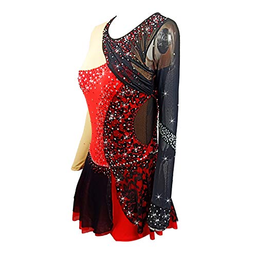 Vestido de patinação no gelo vermelho e preto com costura de alto desempenho para adolescentes vesti