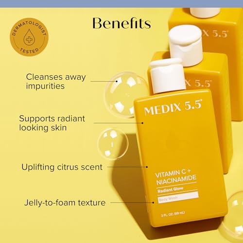Image of MEDIX Radiant Glow Vitamin C Body Wash W /Niacinamide | Citrus Scented Gentle Body & Face Cleanser For Women, Men, Dry Skin, & Smoother-Looking Skin | Removes Dirt, Oil, & Impurities, 3PC Travel Size