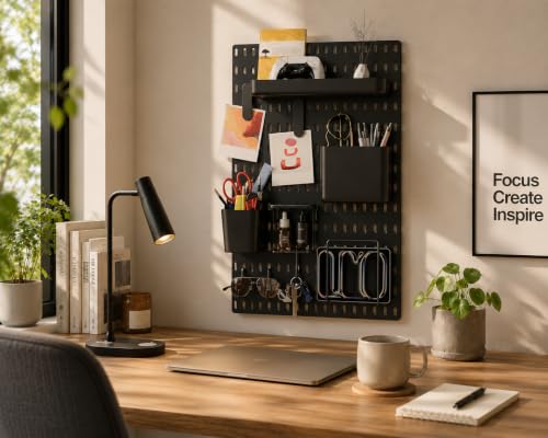 Image of Gifts Island Pegboard Wall Organiser Set with 1 Boards, 10 Accessories & Self-Adhesive Stickers, Customisable Storage System for Office, Kitchen, Pegboard Wall Hanging (10, Black)