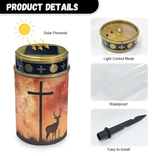 Image of Poceacles 4 Pieces Solar Powered Cross Lights - Flameless Cemetery Votive Candles, Waterproof Memorial Stake Lights for Outdoor Home Decoration, Deer Cross Galaxy Orange