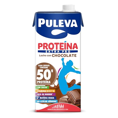 Puleva - Leche Proteína Extra Pro Chocolate, Rica en Calcio, Vitaminas B12 y D, Sin Azúcares Añadidos, 0% Grasa, Sabor Cacao - 1L