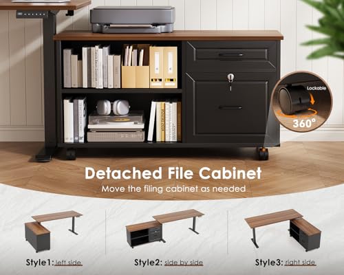 Image of OffiGo 48 Inch L Shaped Electric Standing Desk with Drawers & File Cabinet Sets, Executive Sit Stand Desk, Height Adjustable Computer Desk for Home Office, Writing, Workstation, Walnut+Black