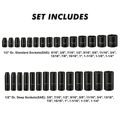 Casoman 1/2-Inch 70 Pieces Impact Socket Master Set, Sae & Metric From 5/16"-1-1/4",8-24Mm, Shallow/Deep Socket With Ratched Hand, Extension Bar And Adapters #TOP2