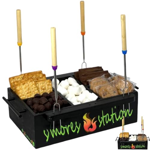 Wooden S'mores Station S'mores Caddy Smores Tray Smores Box Smores Gift Basket Smore Kit Gift Set Smores Board with 4Pcs Extendable Marshmallow Roasting Sticks with Handles and Telescopic Fork Holders