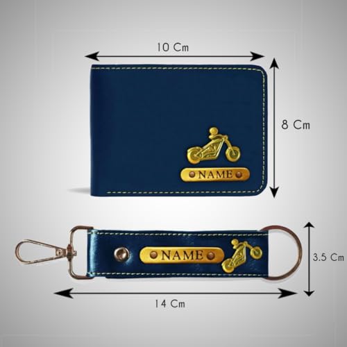 Image of Mens Leather Wallet and Keychain Combo Name Leather Wallet Keychain for Mens Personalized Wallet Keychain Set with Names Keychains for Men | Customised Gift Set for Men with Name & Charm, Blue