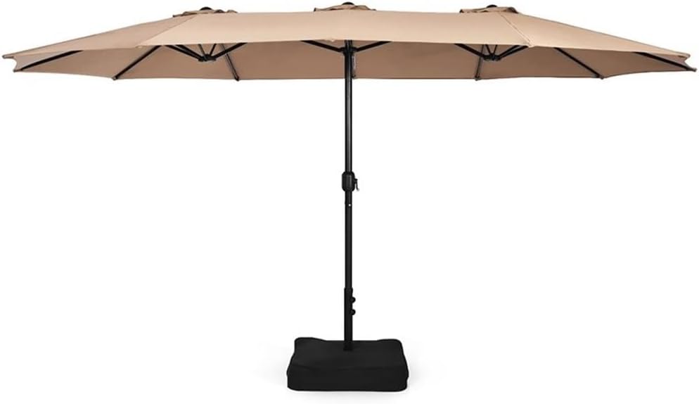 Pemberly Row 15 Ft Patio Market Umbrella, Double-Sided Coffee Canopy, Rust-Resistant Metal Frame, Hand-Crank Mechanism, Weighted Base, Outdoor Shade for Patios, Gardens, or Markets