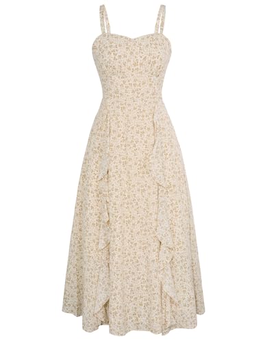 Belle Poque Vintage Floral Dress for Women Midi Lenght Spring Summer Fall Sweetheart Neck Ruffle Floral Dresses Beige L