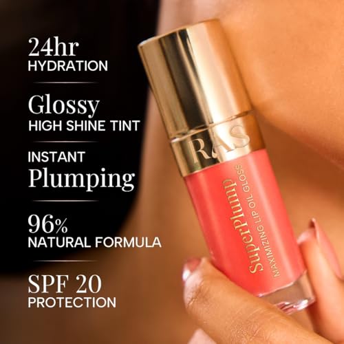 Image of RAS Luxury Oils Hydrating 4-in-1 Super Plump Lip Oil Gloss, Balm, Plumper & Gloss with SPF 20 | Enriched with Natural Oils, Peptides & Hyaluronic Acid - Peach Glow
