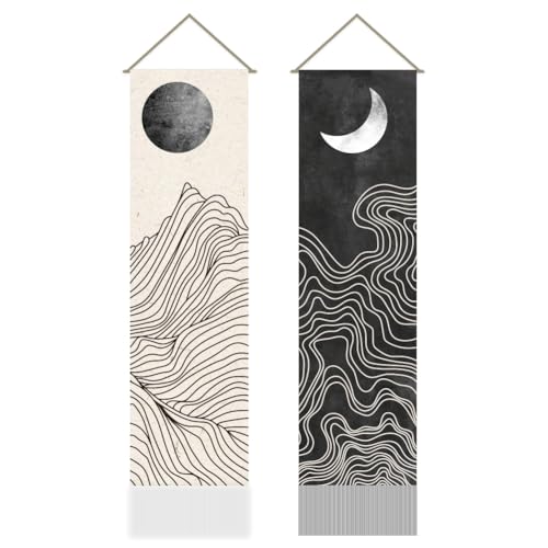 AHANDMAKER 2Pcs Boho Line Sun and Moon Tapestry, Black and White Sun Moon Long Vertical Tapestry Wall Hanging, Minimalist Abstract Tassel Wall Aesthetic Tapestry for Bedroom Living Room, 45.7x13Inch