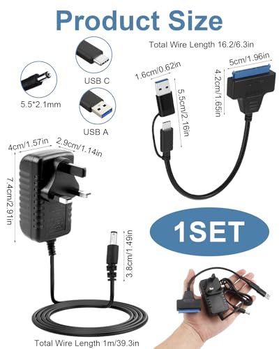 USB 3.0 to SATA Cable Adapter SATA III Hard Drive Cable to Type C Adapter with 12V 2A Power Supply 3.5" HDD & 2.5" HDD/SSD Recovery SATA High-Speed Data Transfer Lead for Windows, Macos, Linux, UASP - Image 6