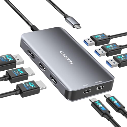 UANTIN USB C Docking Station Dual Monitor Adapter for Laptop, 8-in-1 Docking Station for 3 Monitors, 4K@60Hz USB C Dock Dongle with 2 HDMI+DP, 5Gbps USB A & C, 100W PD, for MacBook, Dell, HP, Surface