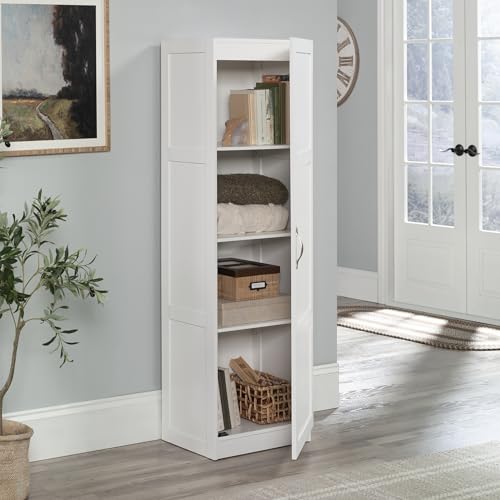 Image of Sauder Miscellaneous Tall Storage Cabinet, Kitchen Pantry, Single Door with Adjustable Shelves, White Finish