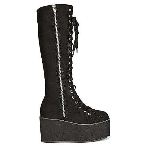 ESSEX GLAM Womens Lace Up Boots Ladies Black Knee High Platform Wedge Heel Gothic Biker Combat Size 3-8 Cover
