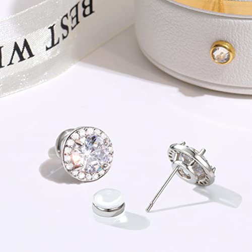 Brilliant Round Sterling Silver Post Halo Stud Earrings For Women Men | Cubic Zirconia Simulated Faux Diamond Halo Stud Earrings For Girls, Fake Diamond Cz Piercing Earrings Studs #TOP3