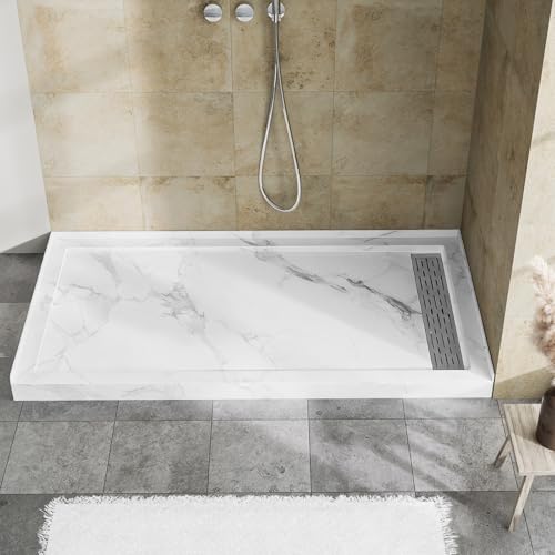 MORVANO 60 x 32 Shower Base with Single Threshold Rectangular Right Drain Location Shower Base,Shower Pan With Stainess Steel Cover,Marble White Acrylic Shower Base