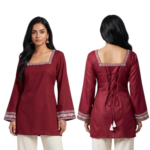 Image of MAHIRA'S Comfort Women's Short Kurti, Rayon Tunic Top with 3 /4 Embroidered Designer Sleeves | Soft Breathable Fabric | Office & Casual Kurti for Jeans, Leggings & Trousers