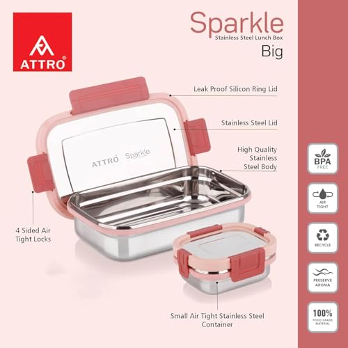 Image of ATTRO Sparkle Big Stainless Steel Lunch Box 2-Piece Set - 900ml + 200ml - Leak-Proof, BPA-Free, Compact & Durable - Ideal for Kids, Office, Travel - Peach