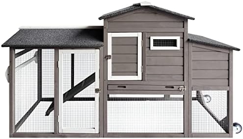 PetsCosset 71" Chicken Coop Backyard Hen House Wooden Tractor Poultry House for Indoor Outdoor, with Chicken Nesting Box, Wheels, Waterproof Roof, Pull Out Tray