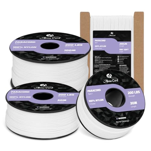 Abma Cord Paracorde 2mm 15m Corde Nylon 3 Brins Type I pour Bricolage, Camping, Extérieur - Max. 90kg (200lbs) - Blanc