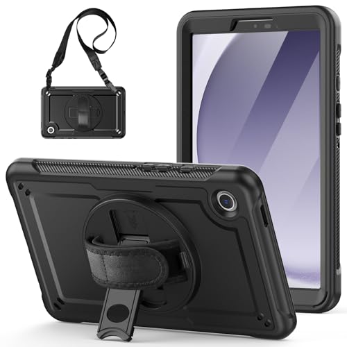 Coque Samsung Galaxy Tab A9 pour enfants et chantiers avec dragonne et béquille noire 2023