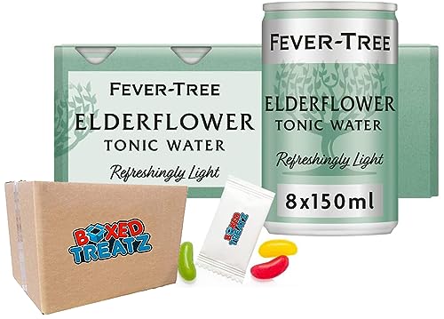 Fever Tree Refreshingly Premium Tonic Water 8x150ml Assorted Flavours Indian Tonic Water Aromatic Tonic Water Elderflower Tonic Cans 150ml Mini Cans Boxed Treatz (Light Elderflower Tonic Cans 8X150ml)