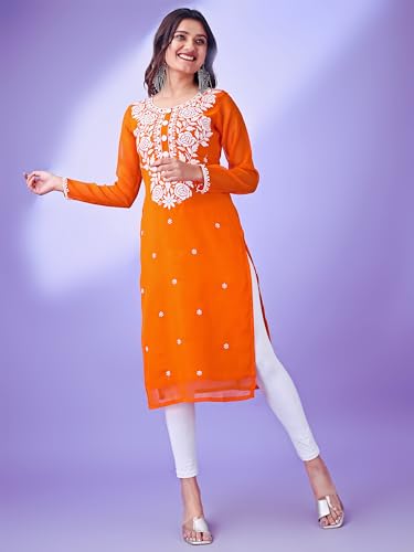 Image of HESVI Women's Georgette White Lakhnavi Chikankari Kurti with Intricate Embroidery Work