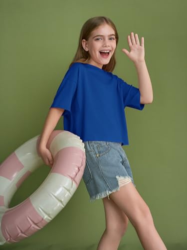 Image of Girls Athletic Oversized Crop Tops Kids Drop Shoulder Short Sleeve T Shirts Workout Tees 5-14 Years