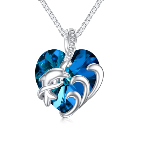 Flpruy Delfin Kette 925 Sterling Silber, Damen Delphin Halskette Kristall Schmuck mit Blaues Herz des Ozeans, Delphin Geschenke für Mutter Frau Freundin Cover