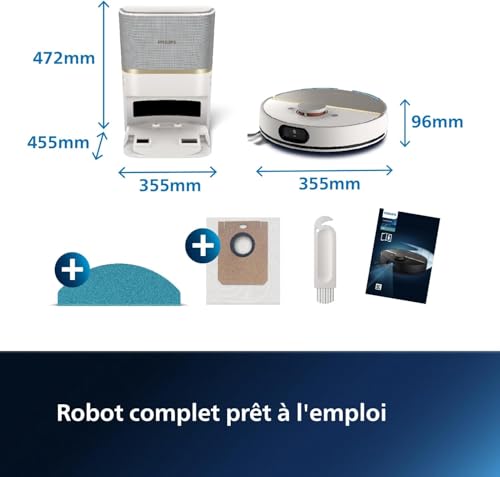 Philips Homerun Série 7000 Robot Aspirateur Laveur, Haute Puissance d'aspiration (5000 Pa), Détection des Petits Objets, avec Station, pour Tapis et Poils d'animaux, Blanc, App Connectée (XU7100/02)