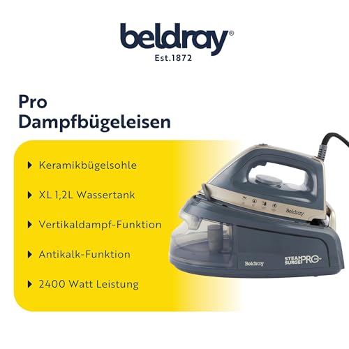 Beldray Titanium Steam Surge Pro Bügeleisen – Dampfbügelstation mit XL 1,2L Wassertank, Dampfbügeleisen mit Keramiksohle, variabler Temperaturregelung, Anti-Kalk-Funktion, 2400 W